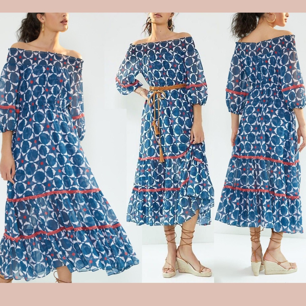 NWT Sachin &‎ Babi [ 8 ] Mosaic Off The Shoulder Midi Dress Blue White Red J1674